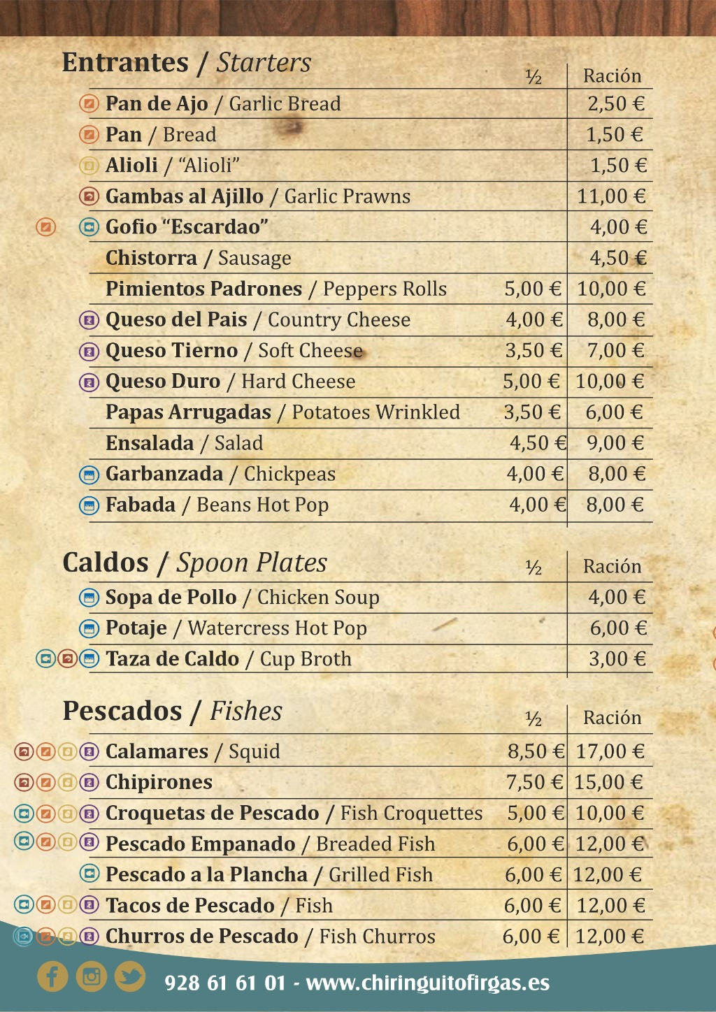 Carta 2026 de El Chiringuito, página 1: entrantes, caldos y pescados, con precios